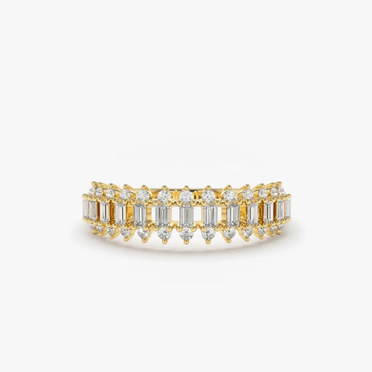 14K Solid Gold Baguette and Round Diamond Prong Set Band Ring 0.56 ctw