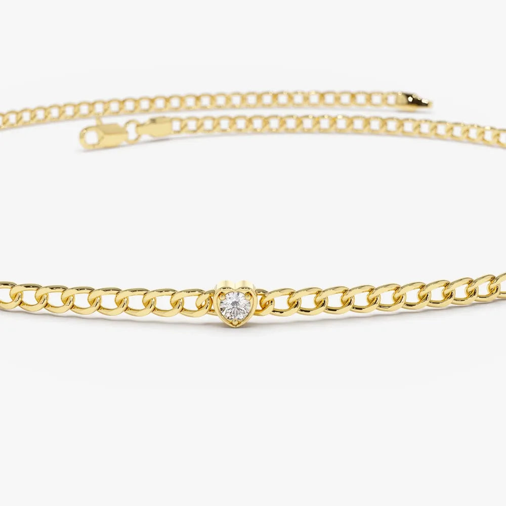 14K Solid Gold Round Diamond Heart Bezel Cuban Curb Link Bracelet 0.17 Carat