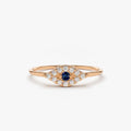 14k Gold Diamond and Sapphire Round Cut Evil Eye Ring 0.17 ctw