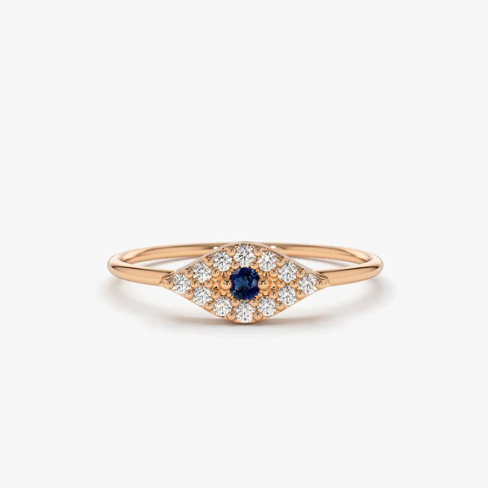 14k Gold Diamond and Sapphire Round Cut Evil Eye Ring 0.17 ctw