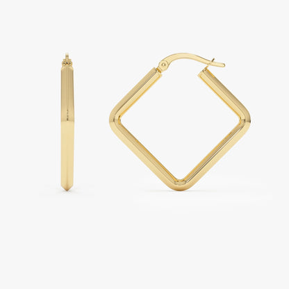 14k Yellow Gold Geometric Square Hoop Earrings 27mm Outer Diameter 2.5mm Width