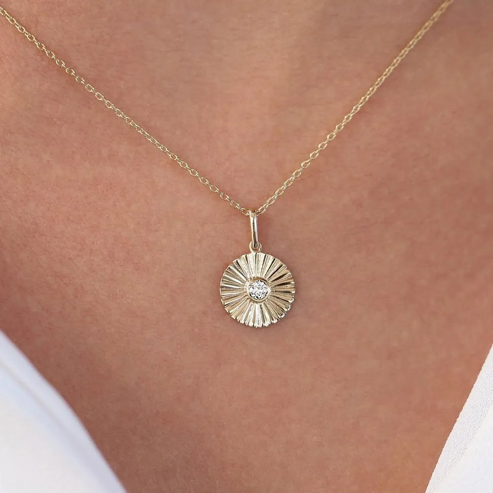 14K Solid Gold Round Diamond Disc Ray Pendant Necklace 10mm 0.07ctw