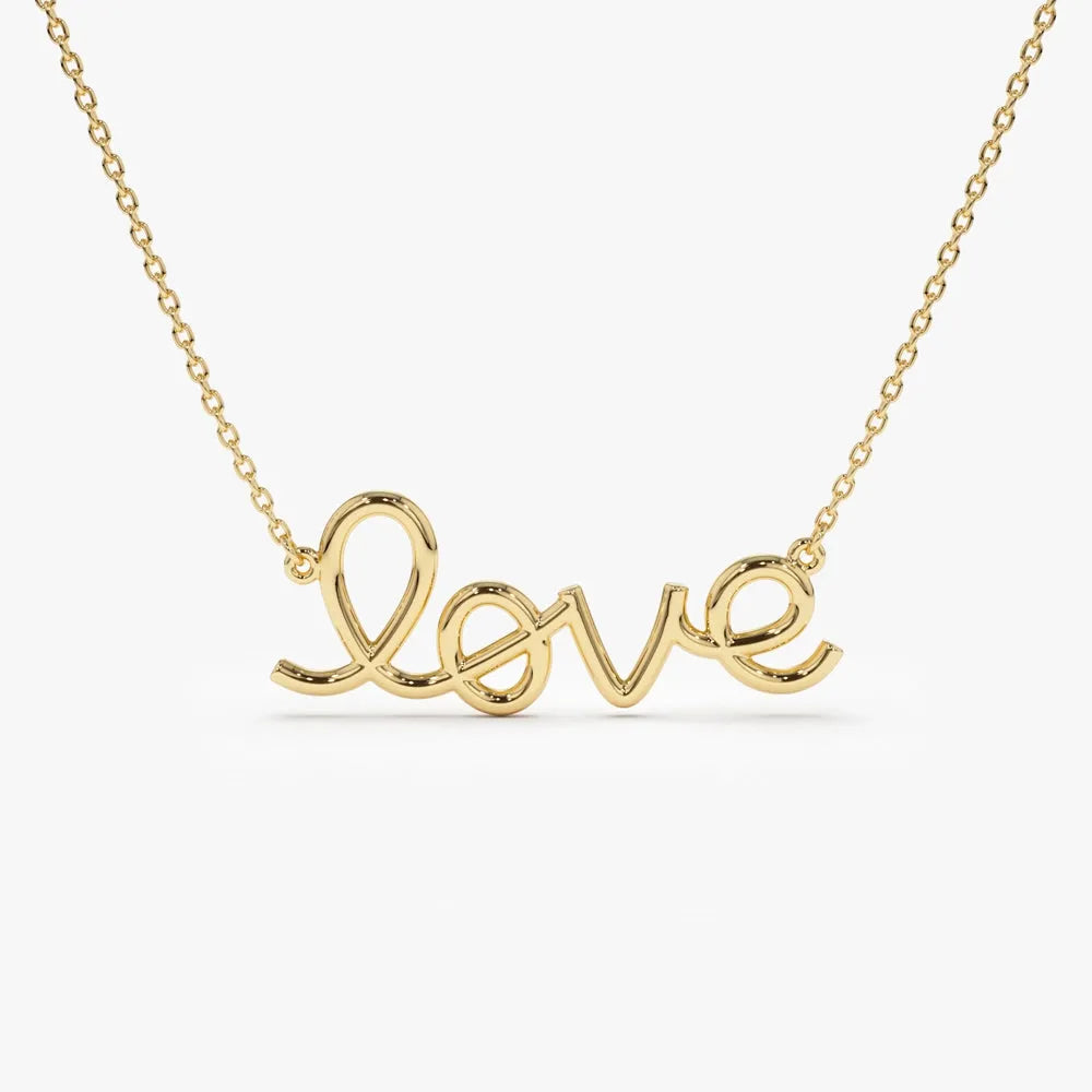 14k Solid Gold Wire Script Love Word Pendant Necklace