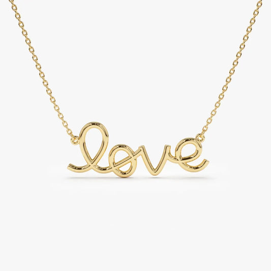 14k Solid Gold Wire Script Love Word Pendant Necklace