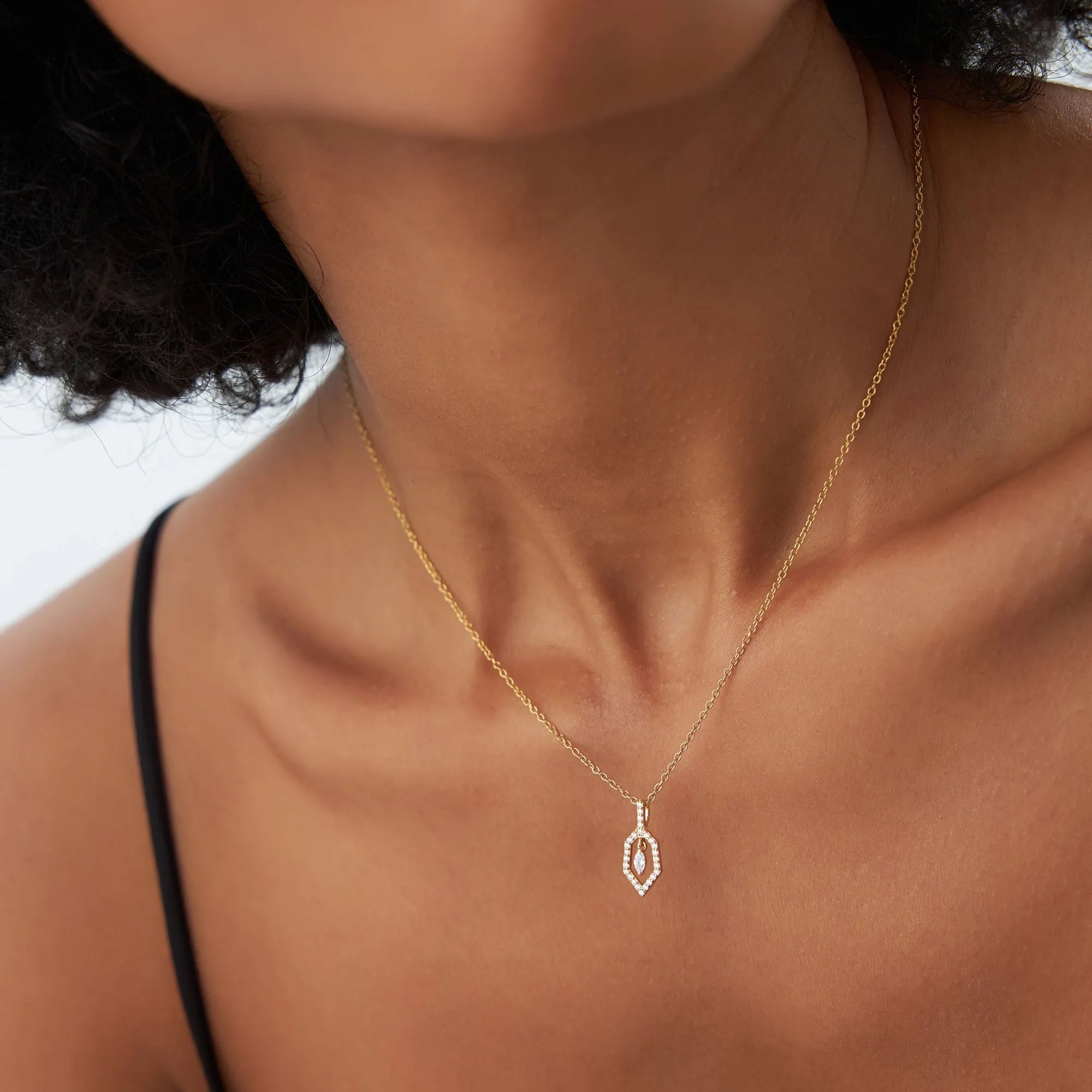 14K Solid Gold 0.20 CTW Round and Marquise Diamond Dangle Necklace