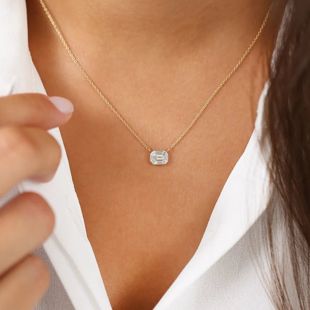 14K Solid Gold Baguette Diamond Step Cut Mosaic Illusion Necklace Invisible Bezel Setting 0.48ctw