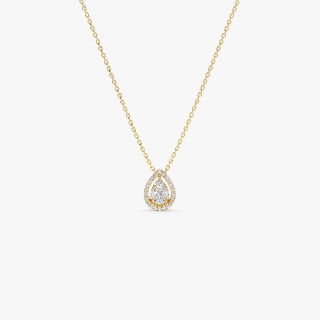 14K Solid Gold Pear Shape Diamond Illusion Setting Halo Pendant Necklace 0.25ctw