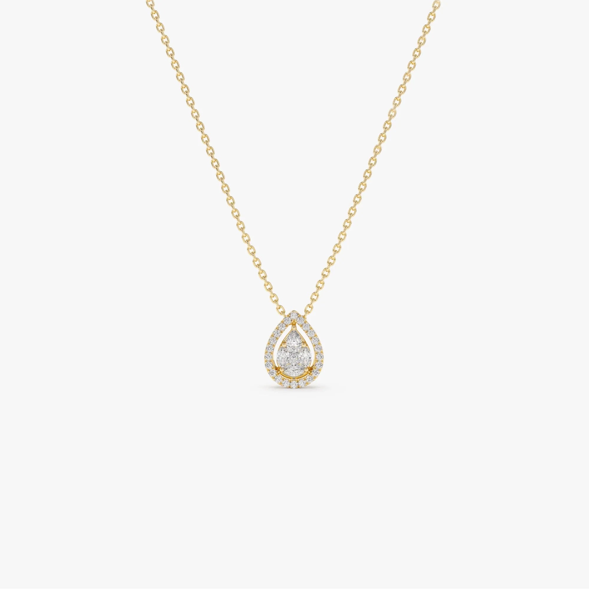14K Solid Gold Pear Shape Diamond Illusion Setting Halo Pendant Necklace 0.25ctw