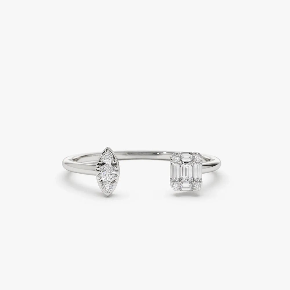 14K Gold 0.15 ctw Diamond Baguette Round and Marquise Open Cuff Ring