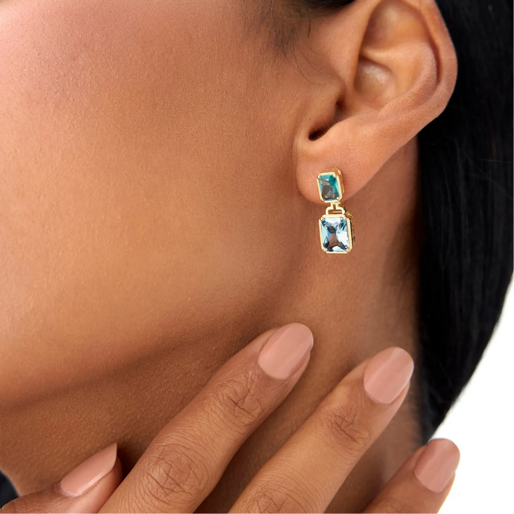 14K Solid Gold Octagon Cut London Blue Topaz Dangle Drop Earrings 3.9ctw