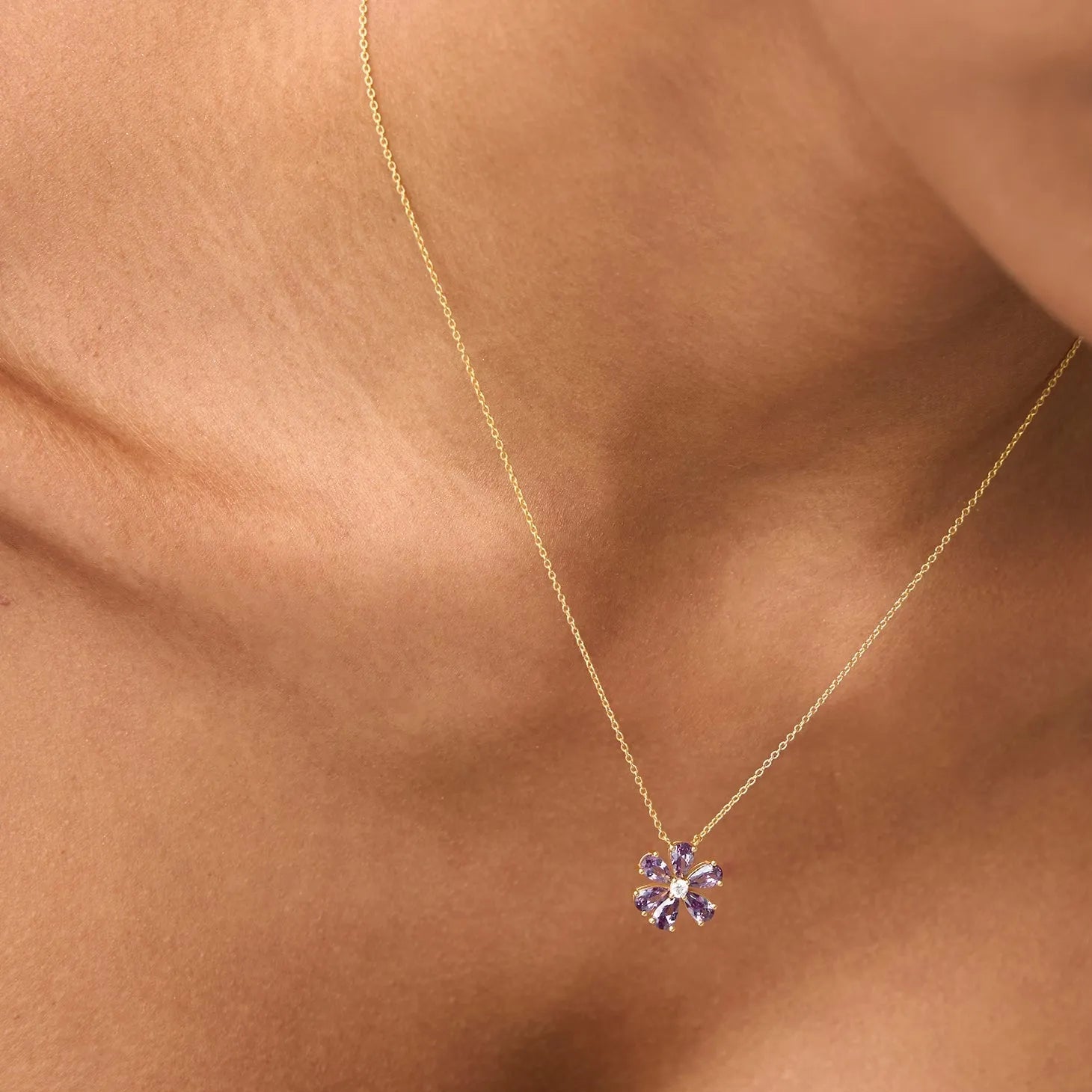 14k Solid Gold Amethyst and Diamond Pear and Round Flower Necklace 1.35 Carat