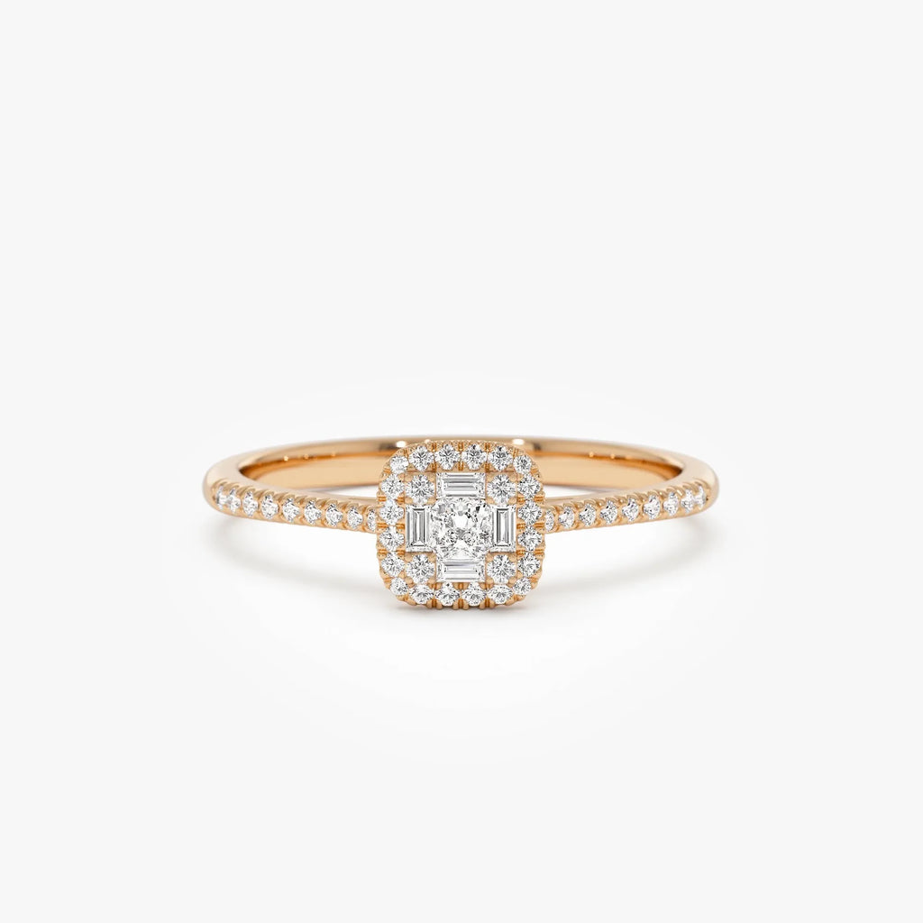 14k Gold 0.25 CTW Round Baguette and Princess Cut Diamond Halo Ring