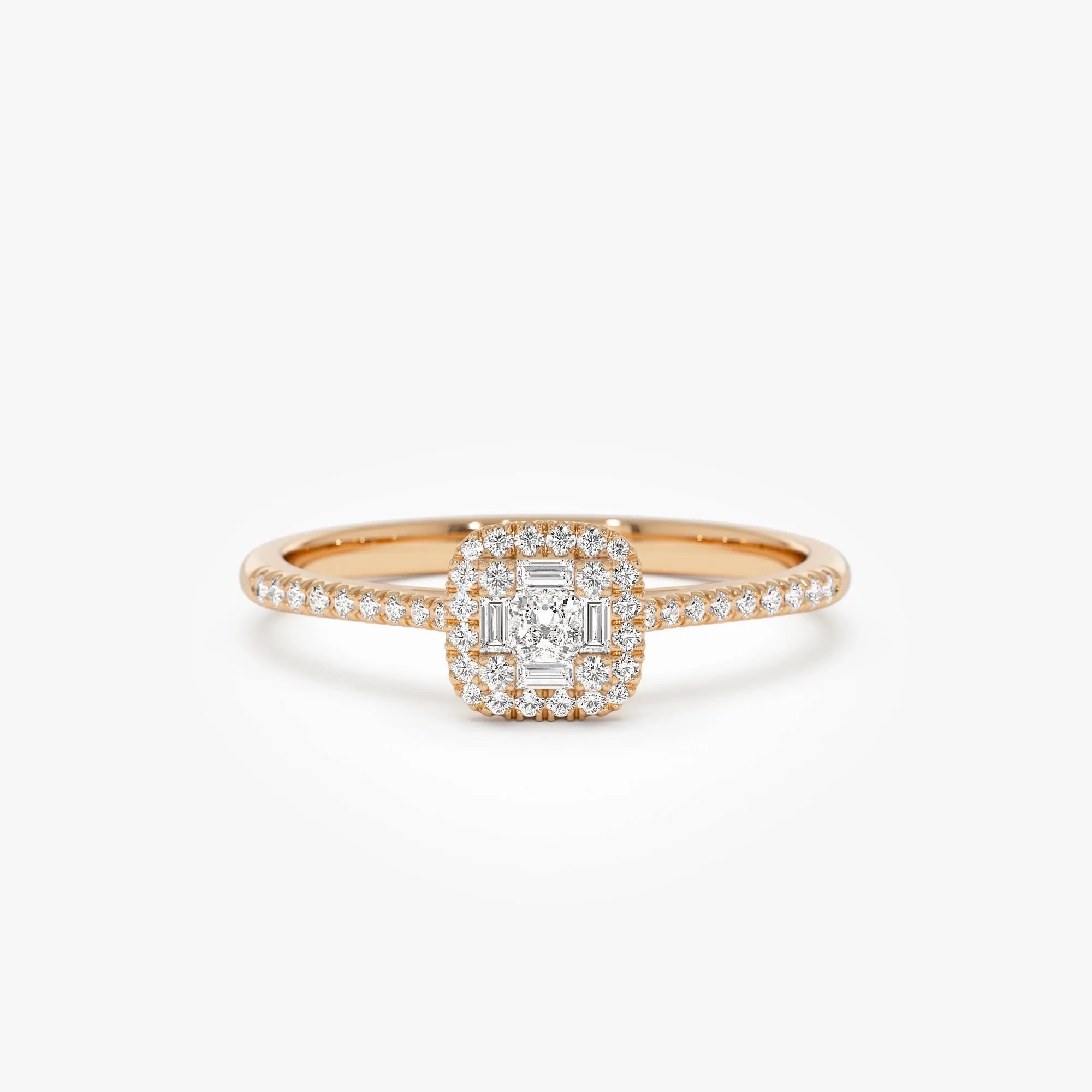 14k Gold 0.25 CTW Round Baguette and Princess Cut Diamond Halo Ring