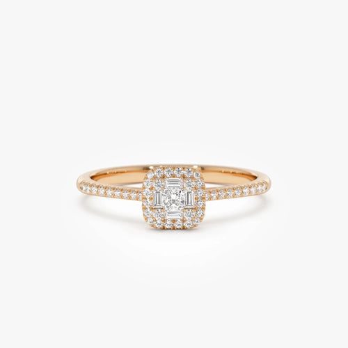 14k Gold 0.25 CTW Round Baguette and Princess Cut Diamond Halo Ring