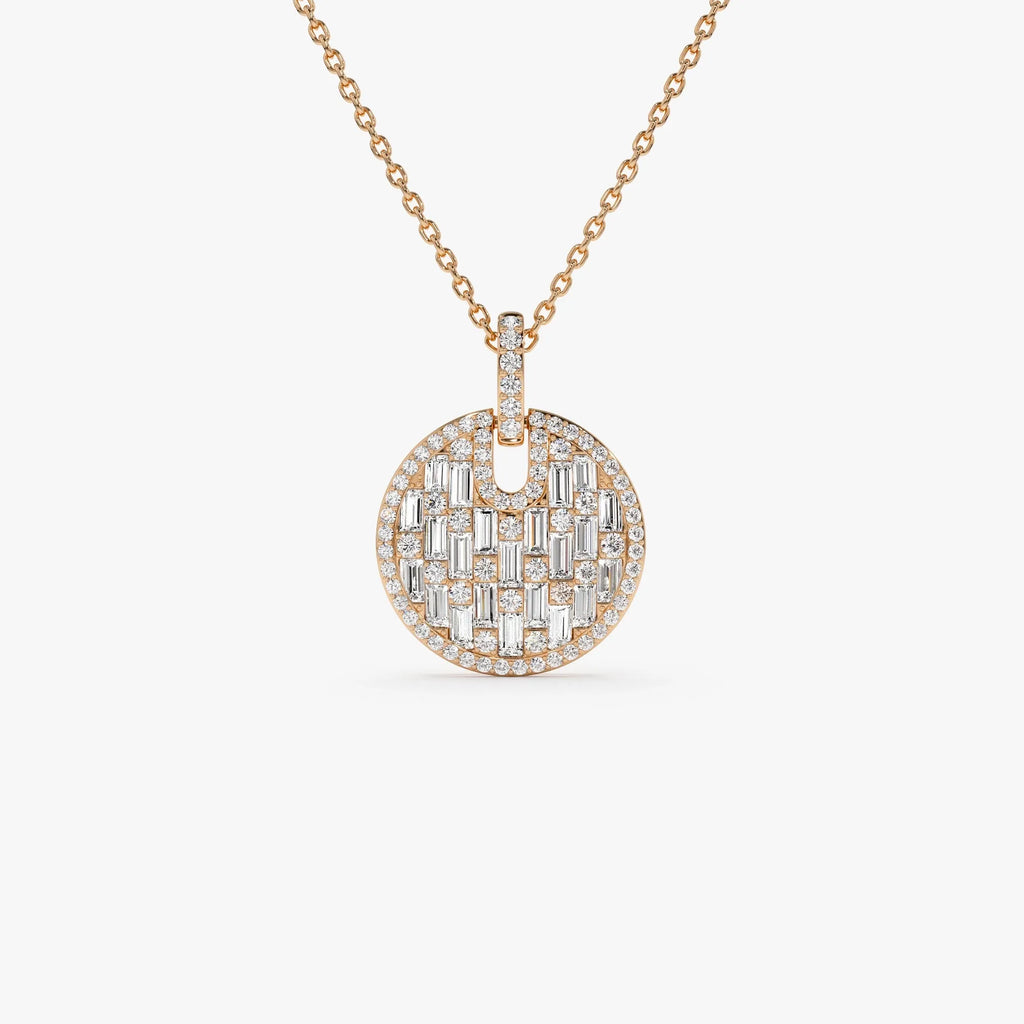 14K Solid Gold 0.80 CTW Baguette and Round Diamond Disc Necklace Prong Setting