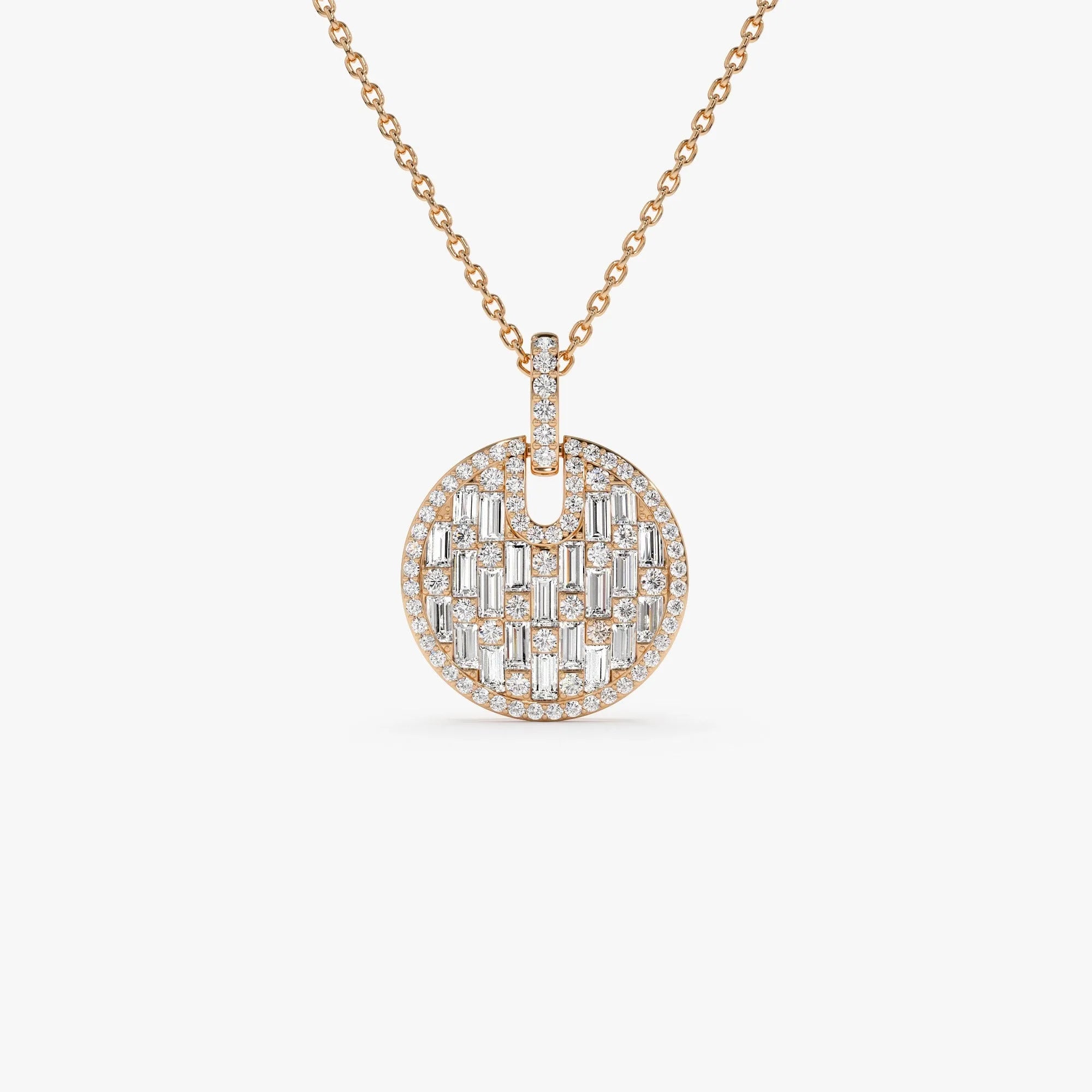 14K Solid Gold 0.80 CTW Baguette and Round Diamond Disc Necklace Prong Setting