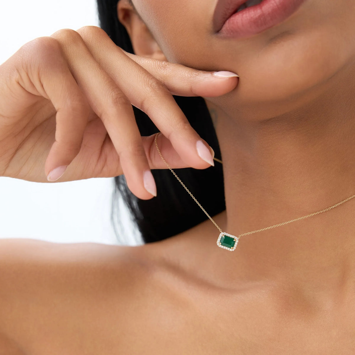 14k Solid Yellow Gold Octagon Emerald 1.02 CTW and Round Diamond 0.12 CTW Halo Pendant Necklace
