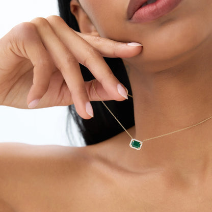 14k Solid Yellow Gold Octagon Emerald 1.02 CTW and Round Diamond 0.12 CTW Halo Pendant Necklace
