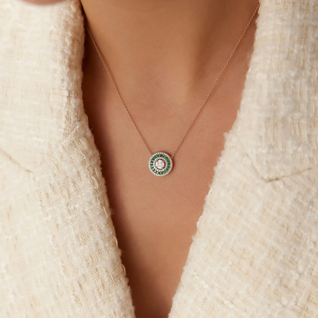 14k Solid Gold Round Marquise and Princess Cut Diamond 0.45 CTW Emerald 0.30 CTW Illusion Setting Necklace