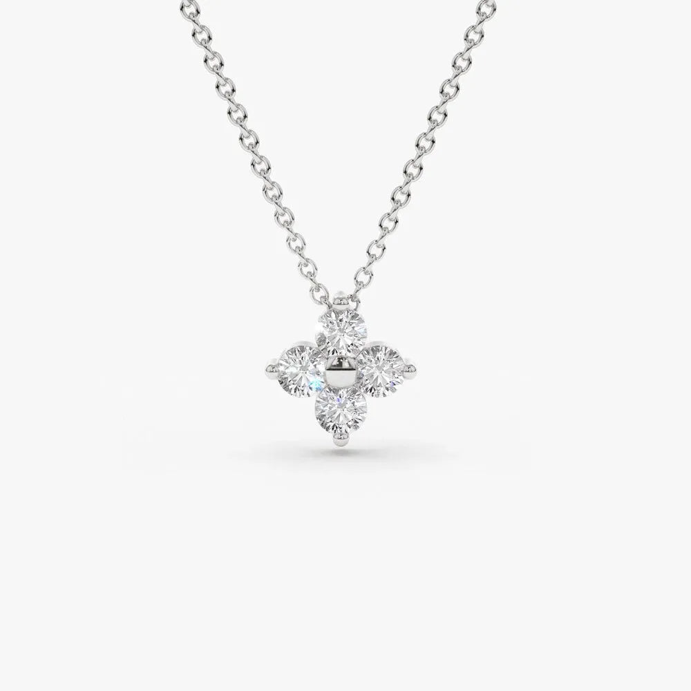 14K Solid Gold Round Diamond Clover Pendant Necklace 0.14ctw