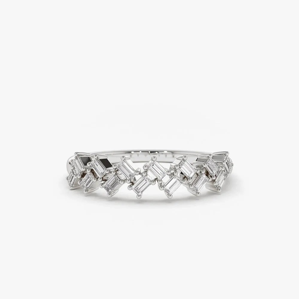 14K Solid Gold Baguette Diamond Zig Zag Shared Prong Ring 0.32 CTW
