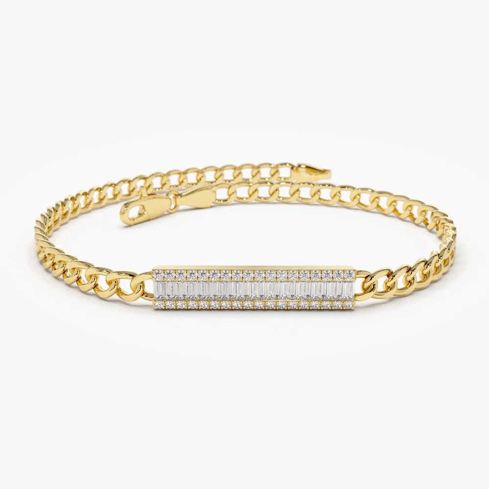 14K Solid Gold 0.42 CTW Baguette and Round Diamond Bar Curb Link Bracelet