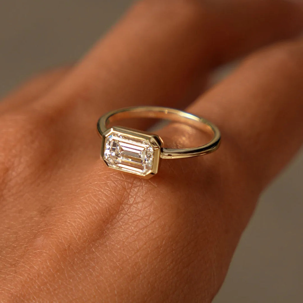 14K Gold 1.50 Carat Lab Grown Diamond Emerald Cut Engagement Ring East West Bezel Setting