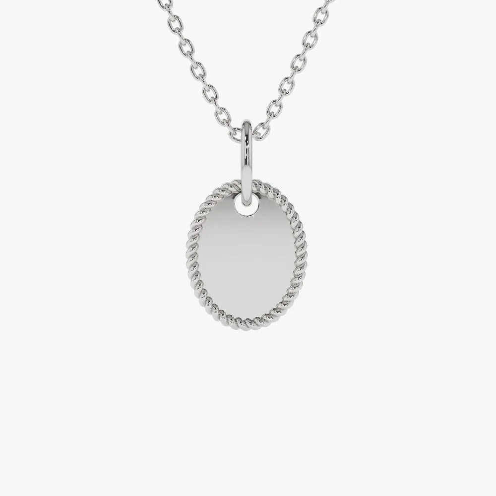 14k Solid Gold Personalized Mini Oval Initial Tag Pendant Necklace with Twist Rope Frame