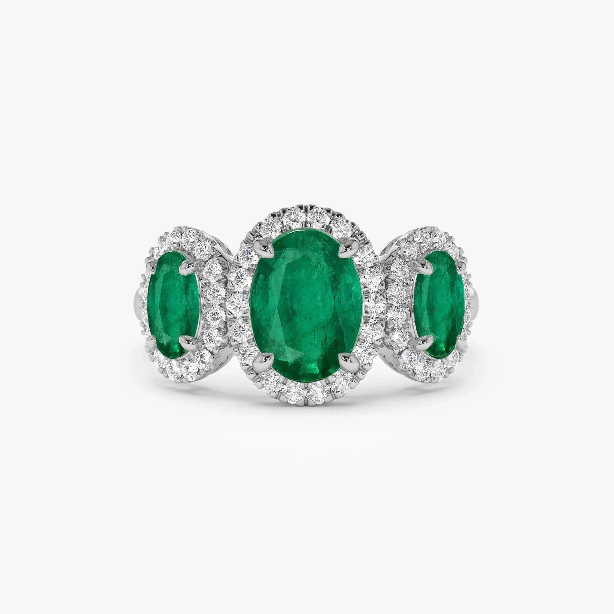 14K Solid Gold Oval Emerald and Round Diamond Three Stone Engagement Ring 2.30 CTW