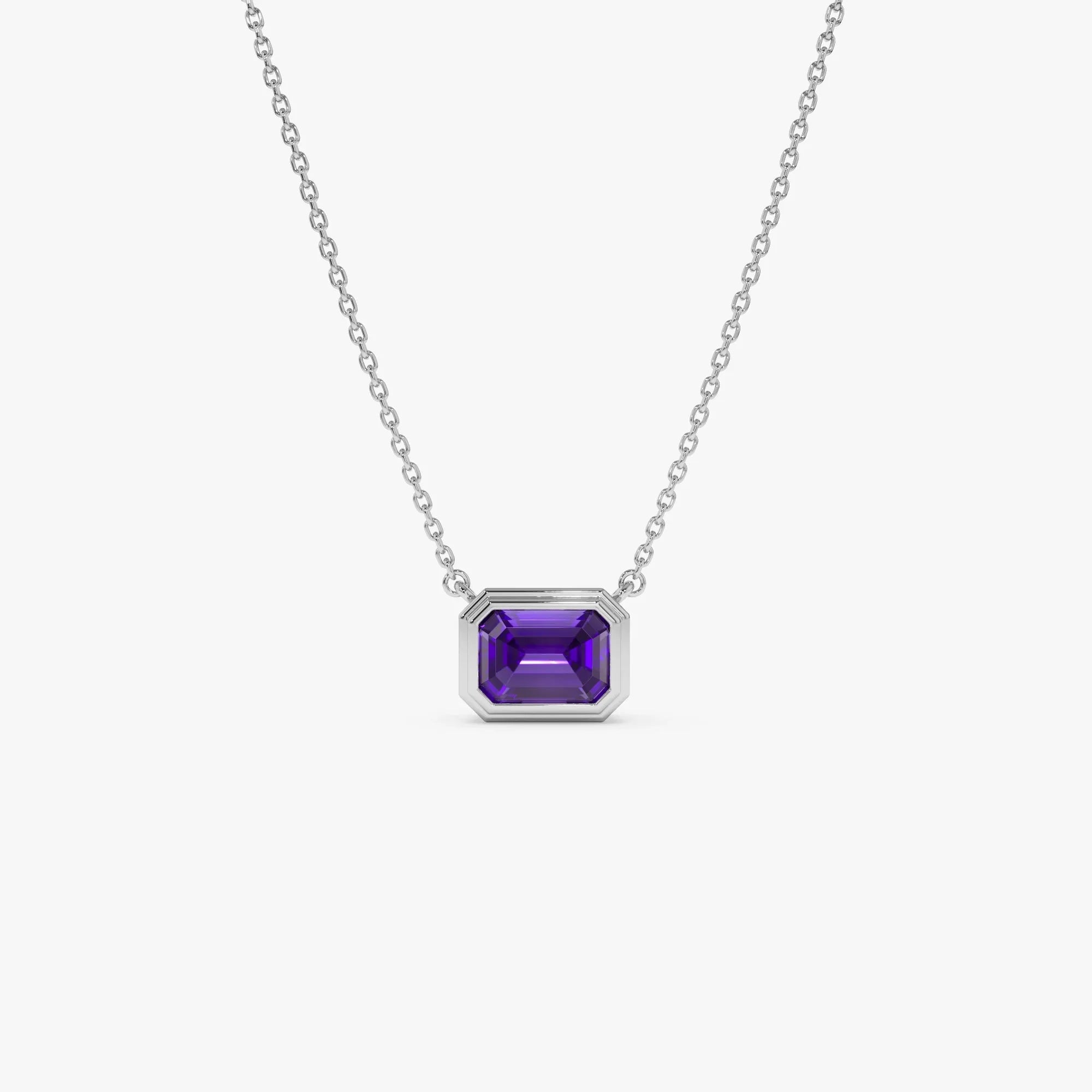 14k Solid Gold Amethyst Emerald Cut Necklace 0.95 Carat Bezel Setting