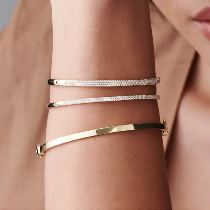 14K Solid Gold 0.75 CTW Round Diamond Three Row Pave 3MM Bangle
