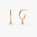 14k Gold Diamond Round Cut Dangling Charm Hoop Earrings Bezel Setting 0.06 ctw