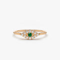 14K Solid Gold Round Emerald and Diamond Evil Eye Ring 0.17 CTW