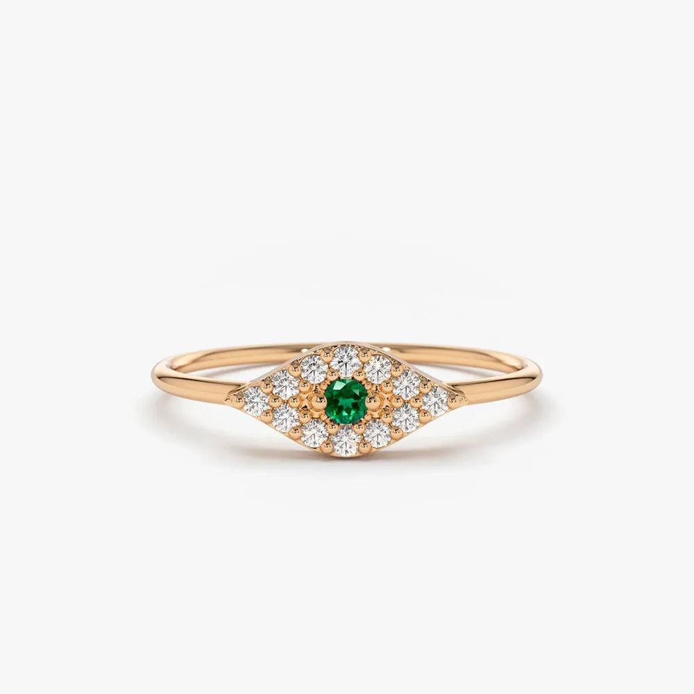 14K Solid Gold Round Emerald and Diamond Evil Eye Ring 0.17 CTW