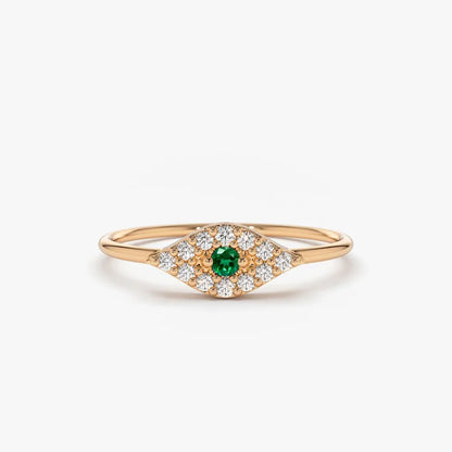 14K Solid Gold Round Emerald and Diamond Evil Eye Ring 0.17 CTW
