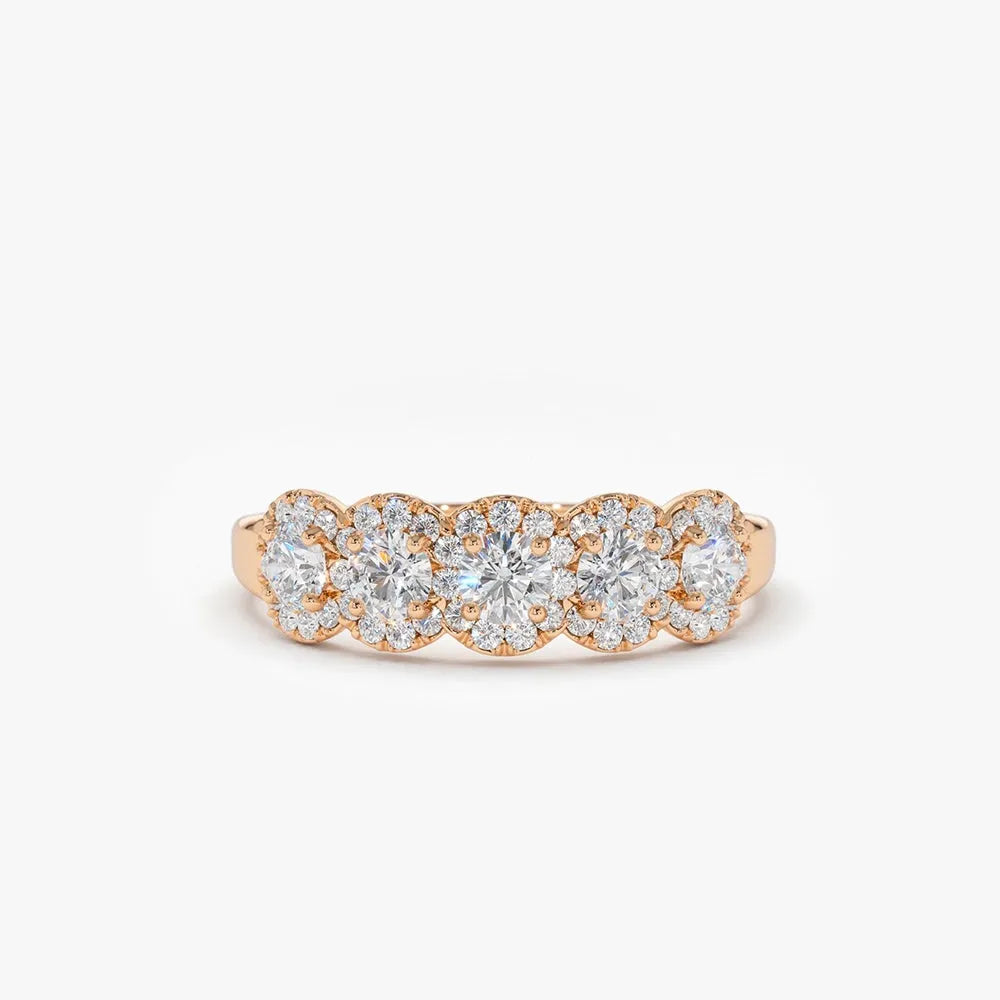 14k Solid Gold Round Cut Diamond Halo Micro Pave Wedding Band 0.52 ctw