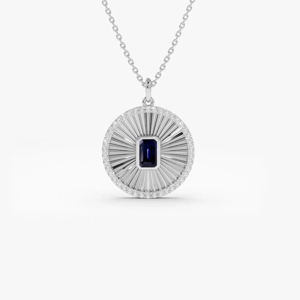 14k Solid Gold Sapphire and Diamond Emerald Cut Medallion Disc Necklace 0.65 Carat