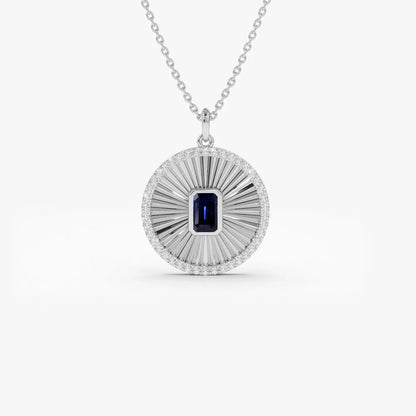 14k Solid Gold Sapphire and Diamond Emerald Cut Medallion Disc Necklace 0.65 Carat