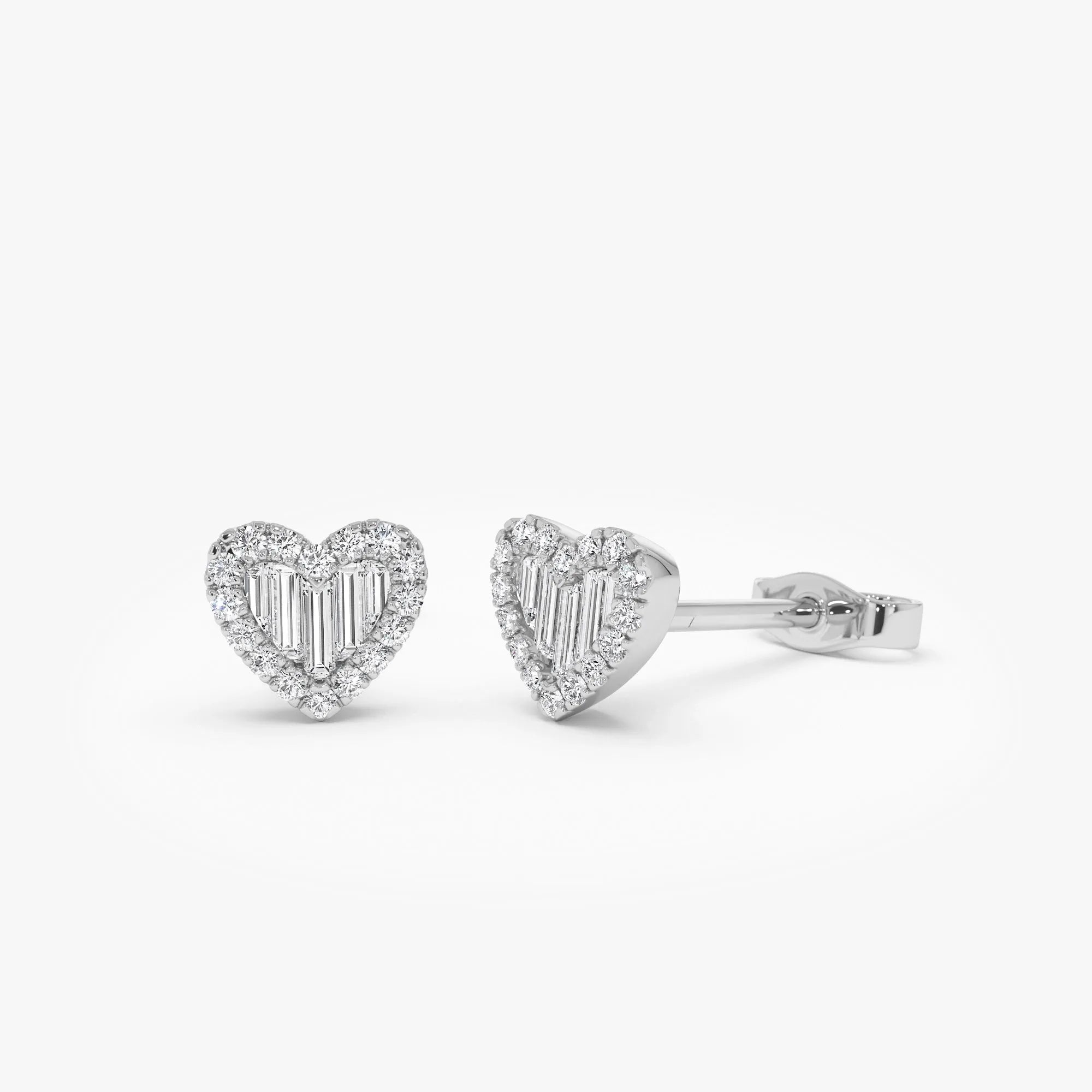 14k Gold Diamond Round and Baguette Cut Heart Stud Earrings 0.28 ctw