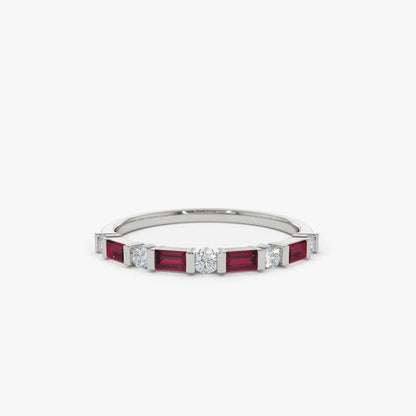 14k Gold Ruby and Diamond Baguette and Round Cut Stackable Wedding Ring Bar Channel Setting 0.63 ctw