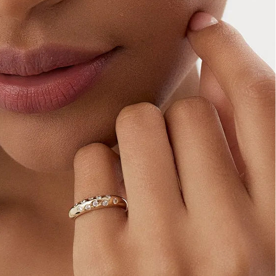 14K Solid Gold Round Diamond 0.30 Carat Dome Zig Zag Flush Setting Ring