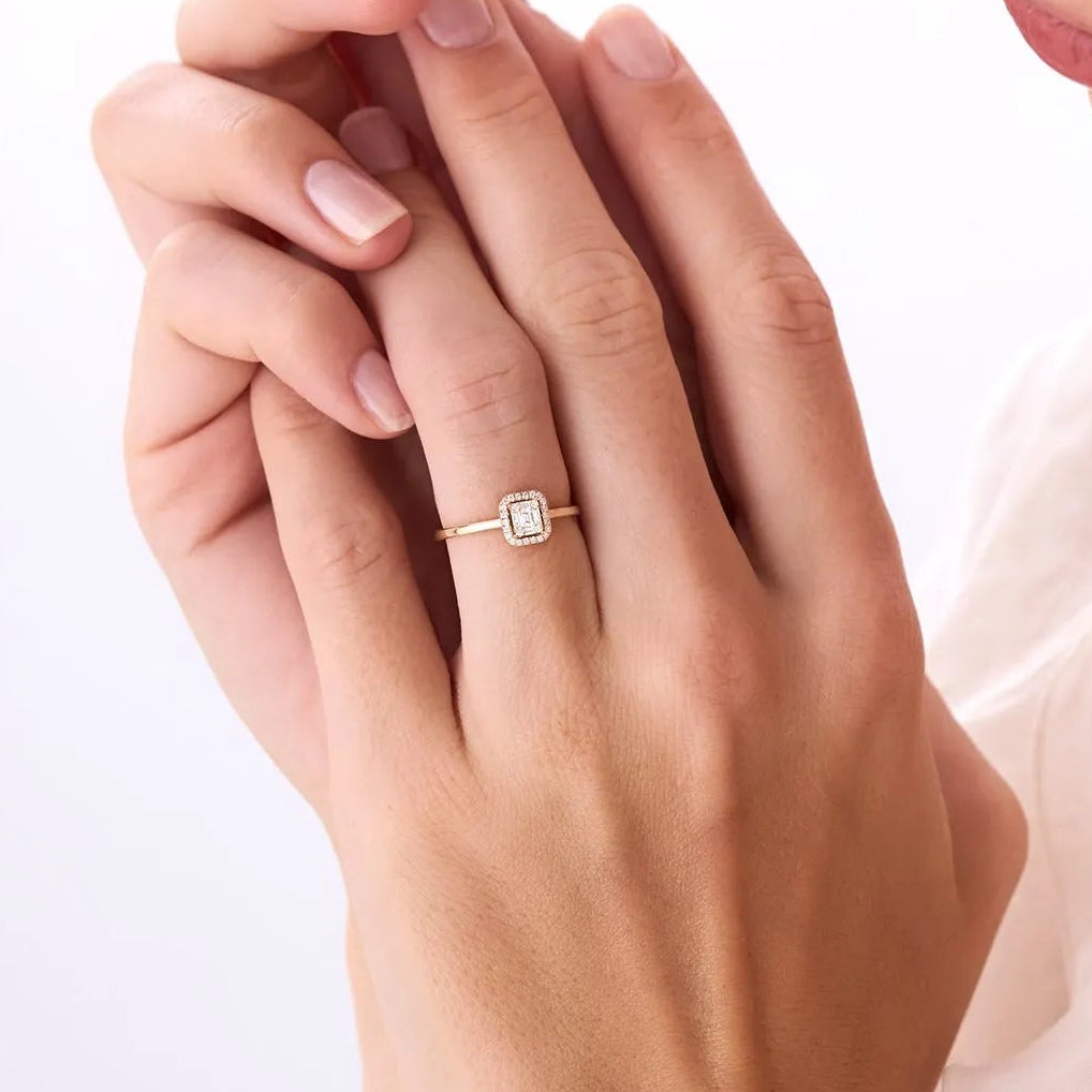 14k Gold Rectangular Baguette and Round Diamond Halo Ring 0.25 ctw