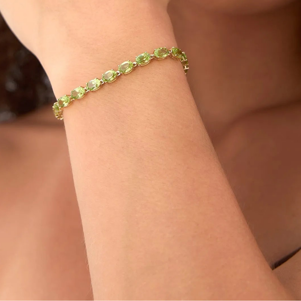 14K Yellow Gold 13.70 ctw Oval Peridot 4 Prong Tennis Bracelet
