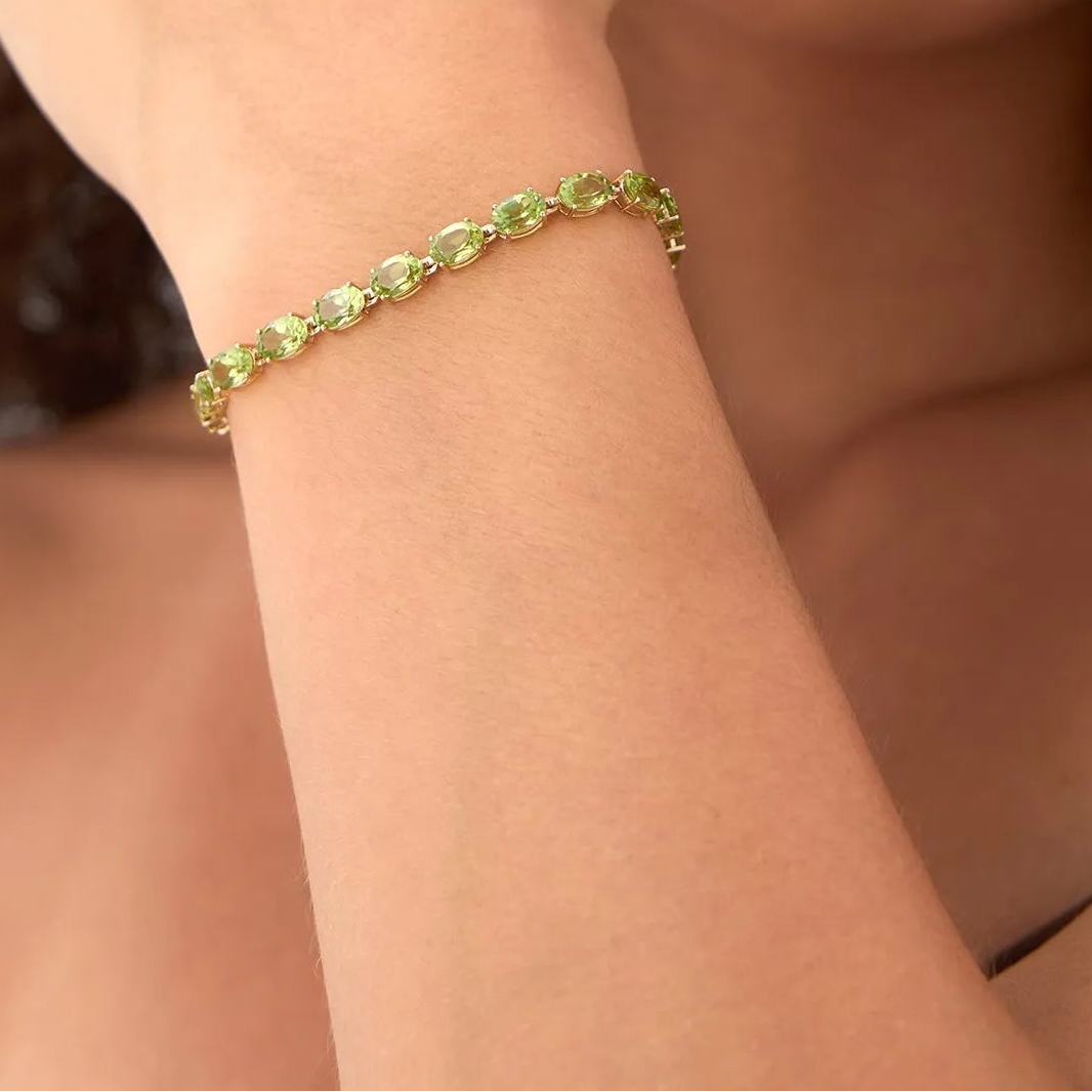 14K Yellow Gold 13.70 ctw Oval Peridot 4 Prong Tennis Bracelet