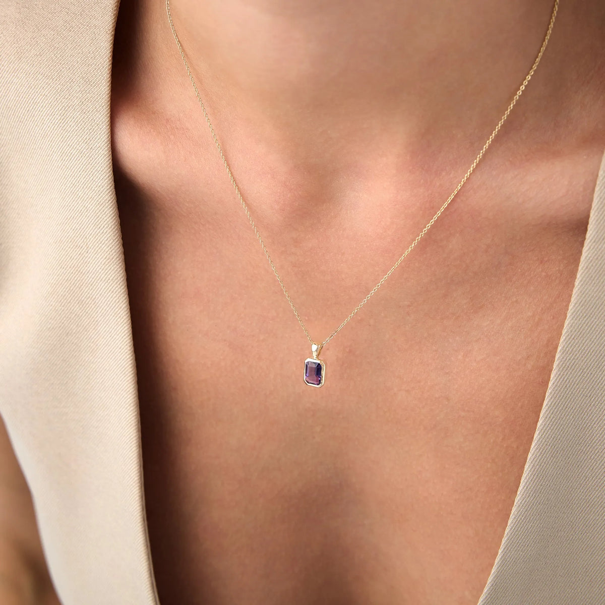 14k Solid Gold Amethyst Emerald Cut Vertical Pendant 1.00 Carat Bezel Setting