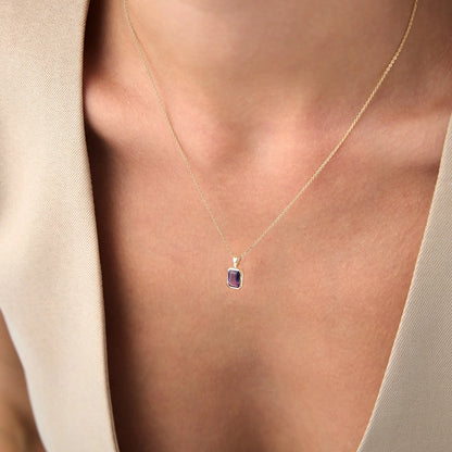 14k Solid Gold Amethyst Emerald Cut Vertical Pendant 1.00 Carat Bezel Setting