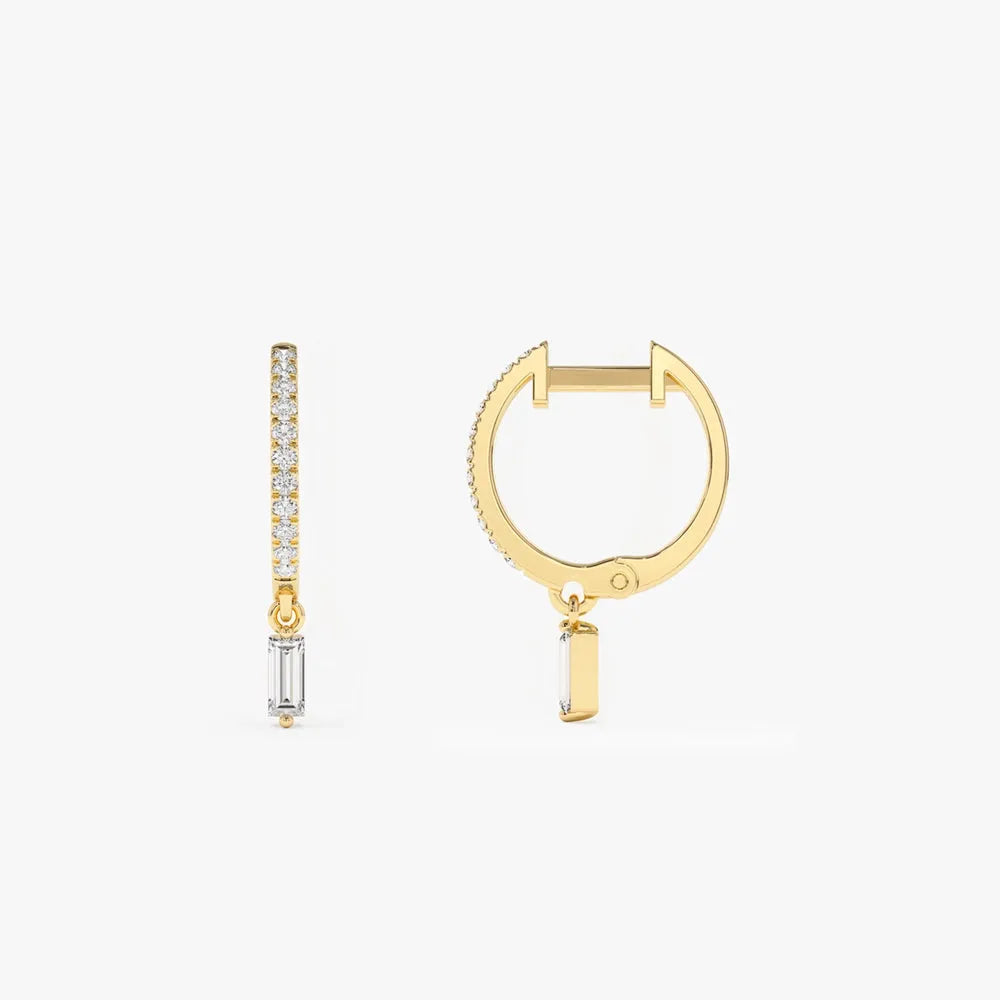 14k Gold Diamond Baguette and Round Cut Dangling Huggie Earrings Prong Micro Pave 0.27 ctw