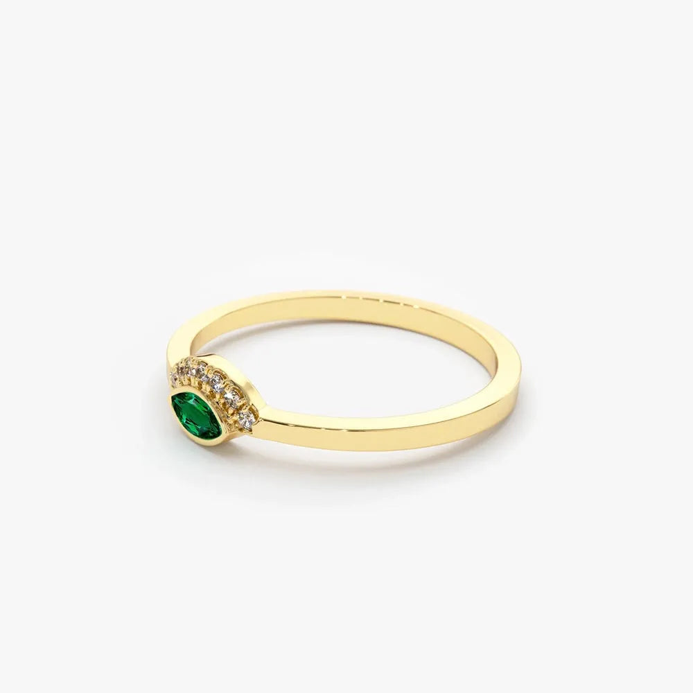 14K Solid Gold Horizontal Marquise Emerald and Round Diamond Eye Ring 0.12 CTW Micro Pave Bezel Set