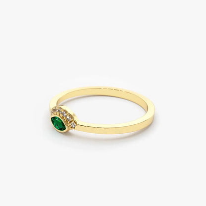 14K Solid Gold Horizontal Marquise Emerald and Round Diamond Eye Ring 0.12 CTW Micro Pave Bezel Set