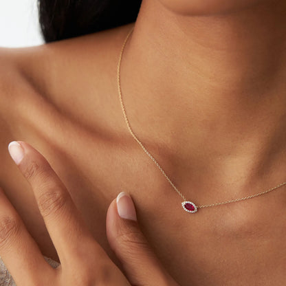 14k Solid Gold Ruby and Diamond Marquise Round Halo Necklace 0.30 Carat Prong Setting